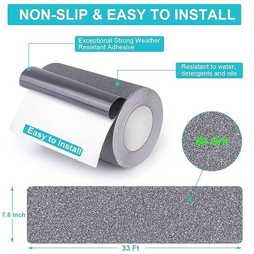 Qingluan Grip Tape, Anti Slip Tape Outdoor/Indoor Waterproof, Non Slip Tape for Stair Steps, Tread Staircases, Ramps, Skateboards (Grey Tape, 7.8" x 33Ft)