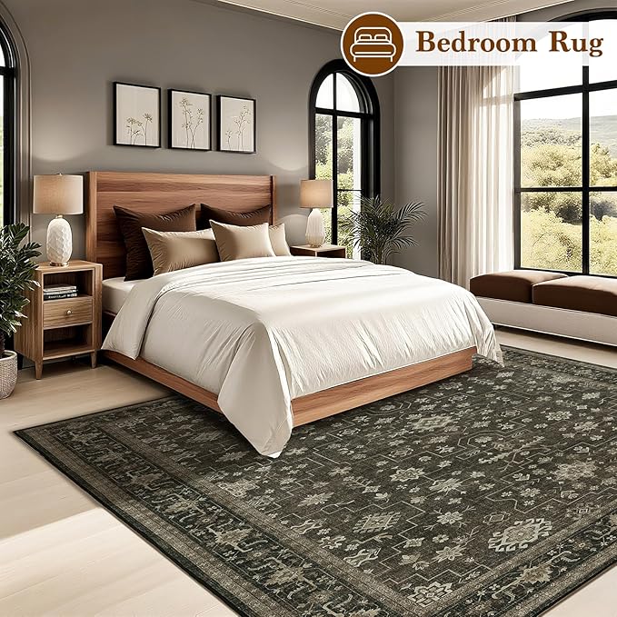 LBRO2M Vintage Washable Rugs 8X10 for Living Room Bedroom Office Farmhouse Non Slip Distressed Area Rugs Easy Clean, Soft, Stain Resistant Carpet Low Piles Great for Pets and Kids (8'X10' Dark Brown)