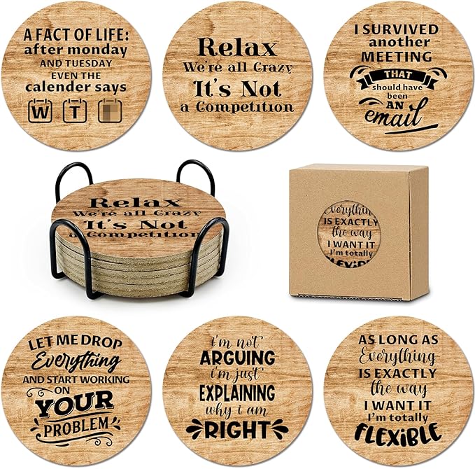 6 Pcs with Holder Drink Cork Coasters,Funny Office Gifts for Coworkers,Novelty Gifts for New Colleagues Employees Boss,Office Desk Coasters,Humorous Christmas Birthday Gifts for Men Women