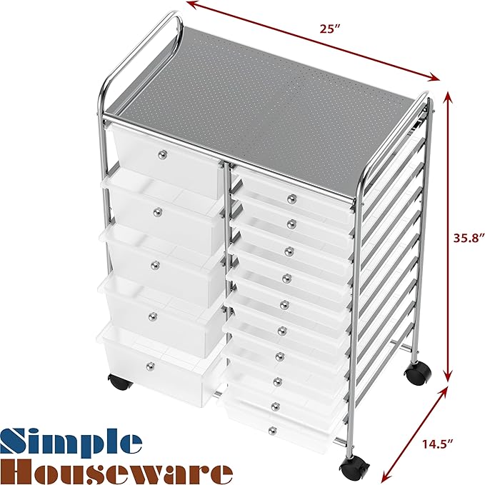 Simple Houseware Utility Cart with 15 Drawers Rolling Storage Art Craft Organizer, Chrome