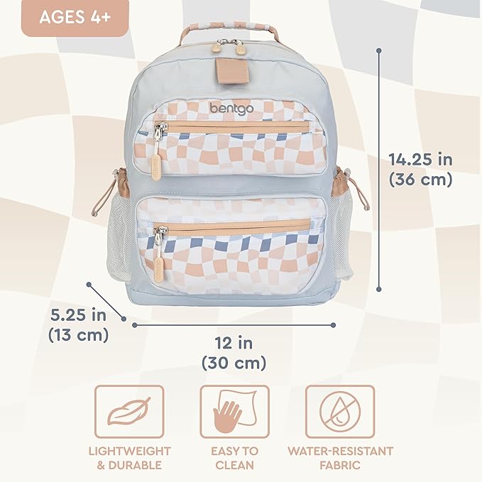 Bentgo Kids Backpack (Whimsy & Wonder Collection) - Lightweight 14’’ for School, Travel & Daycare - Ideal for Kids 4+, Durable & Water-Resistant, Roomy Interior, Loop for Lunch Bag (Checker Gradient)