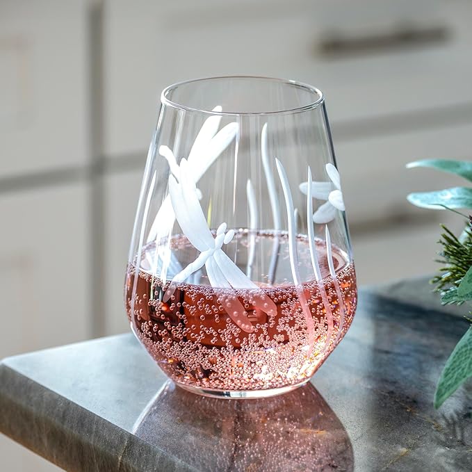 Rolf Glass Dragonfly Stemless Wine Glass 18oz - Tumbler Wine Glasses Set of 2 – Made in the USA - Etched Stemless Wine Glasses -(Set of 2)