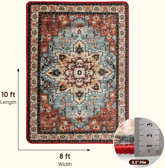 LBRO2M Boho Area Rug 8X10 Washable Rugs for Bedroom Low Piles Indoor Carpet, Non Slip Soft Rug for Living Room, Dining Room, Red Rug Foldable Pet Friendly Area Rugs Stain Resistant (8'X10' Red Teal)