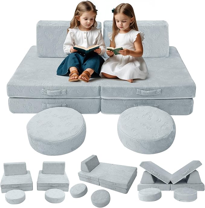 MeMoreCool Modular Kids Play Couch Sofa, Gray 8-Piece Fold-Out Convertible Toddler Couch with Rocket, Star, and Moon Patterns for Playroom
