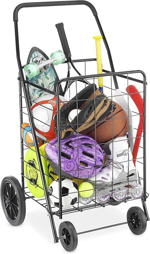 Whitmor Extra Large Utility Foldable Shopping Cart with Wheels, 100 Lb Capacity, Heavy Duty Grocery Cart with Steel Frame, Foam Handle, Rolling Collapsible Utility Trolley for Grocery, Laundry, Black