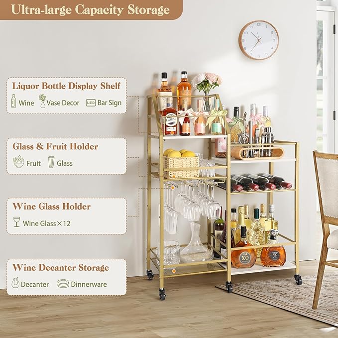 VINAEMO Gold Bar Cart With Wine Glass Holder, Stand for Home, Small Mini Bar for Whiskey Wine, Liquor Cart, Alcohol Cabinet for Kitchen, Dining Room