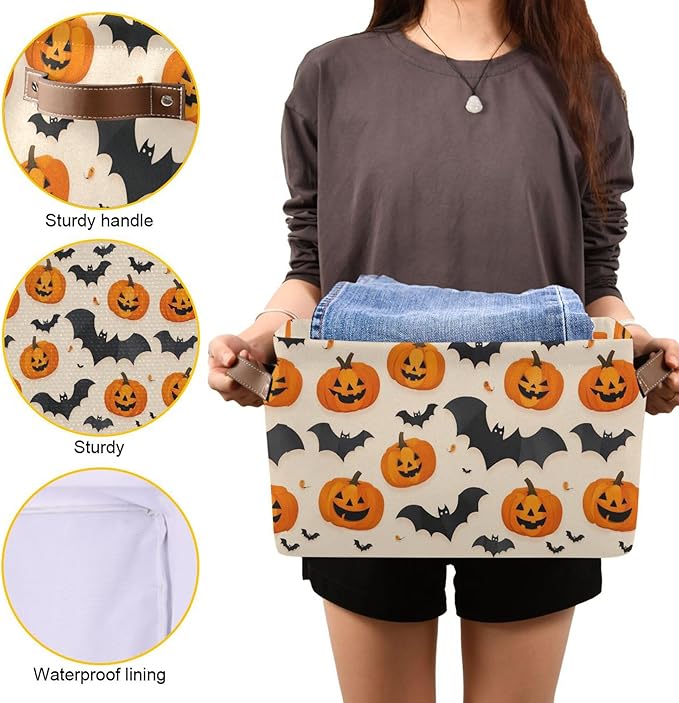 Wamika Happy Halloween Storage Basket with Waterproof Liner and PU Handles Spooky Pumpkin Black Bat Storage Bins Boxes 14.2" Collapsible Decorative Organizer Baskets for Bedroom Closet Office 1 Pack