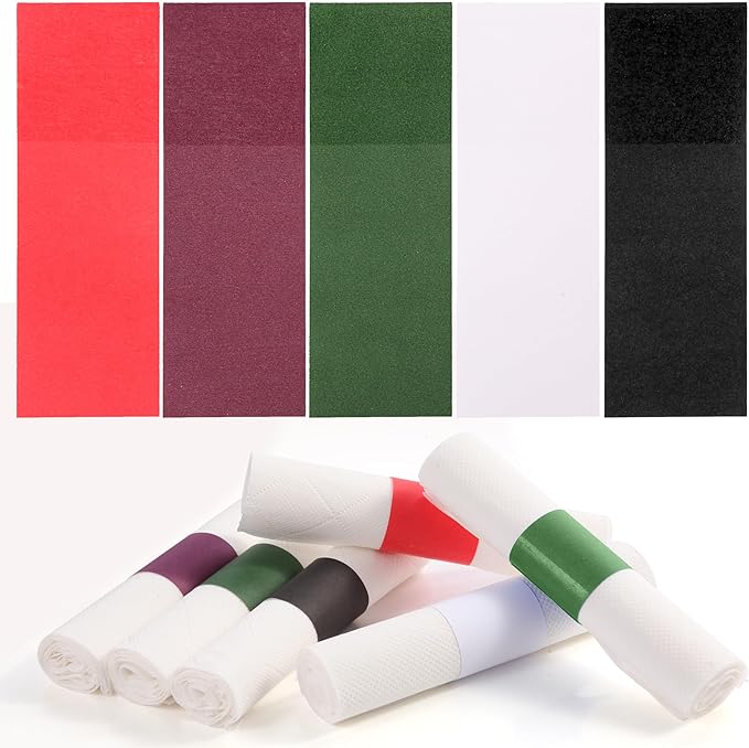 2500pcs Self-Adhesive Napkin Bands & Silverware Wraps, 5 Colors (Burgundy/Red/White/Black/Hunter Green) – Thickened Napkin Rings for Weddings, Restaurants, Party Decor