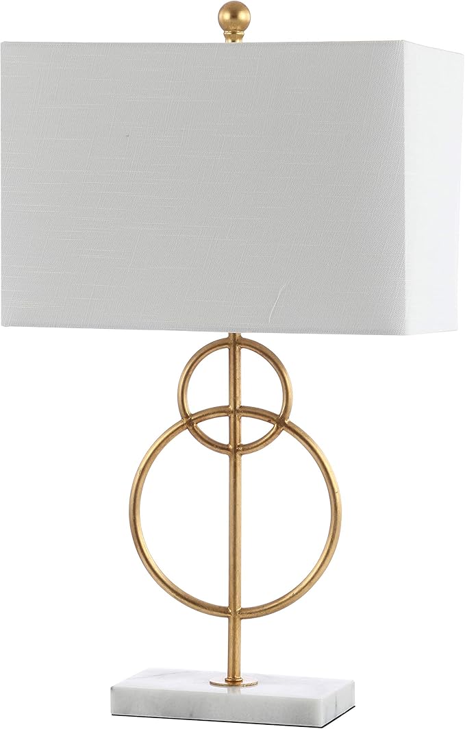 JONATHAN Y 26" Gold Leaf and White Marble Modern Circle LED Table Lamp, Glam Transitional Metal Desk Lamp for Living Room, White Linen Shade, LED Bulb Included JYL1096A