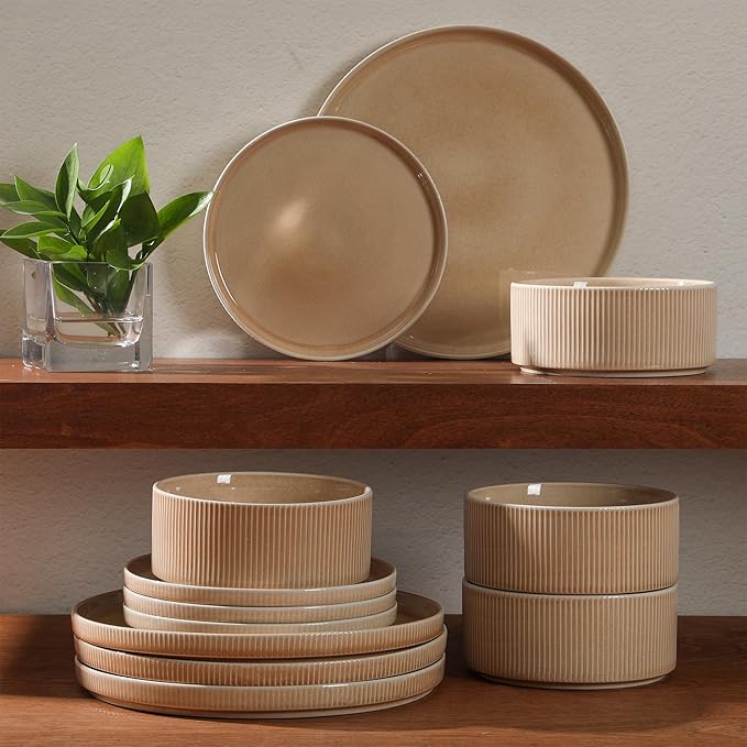 Gibson Elite Solana Coast 12 Piece Stoneware Reactive Glaze (Service for 4) Ceramic Plates and Bowls Modern Shape Embossed Dinnerware Set - Terracotta Orange