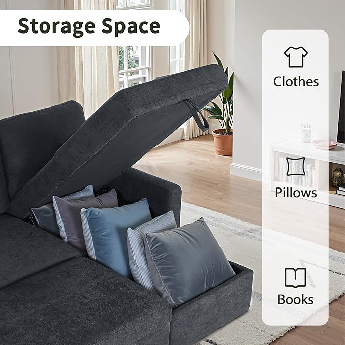 83" Pull Out Sleeper Couch with Storage Chaise, Couch, Sofa Bed, Convertible L Shaped Sofa for Living Room, Apartment, Dark Grey