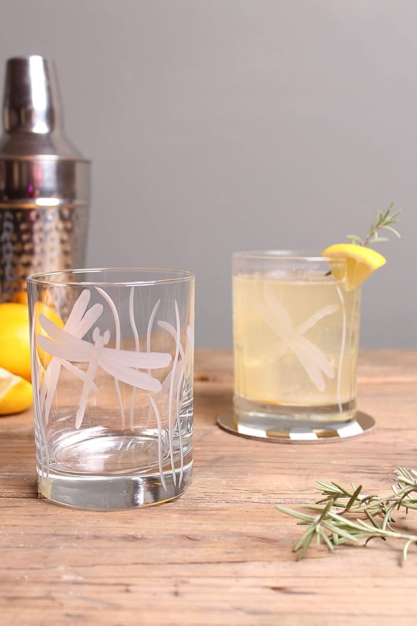 Rolf Glass Dragonfly Double Old Fashioned Glass | 13oz Whiskey Glass | Set of 4 | Lead-Free Etched Glassware | Proudly Made in the USA