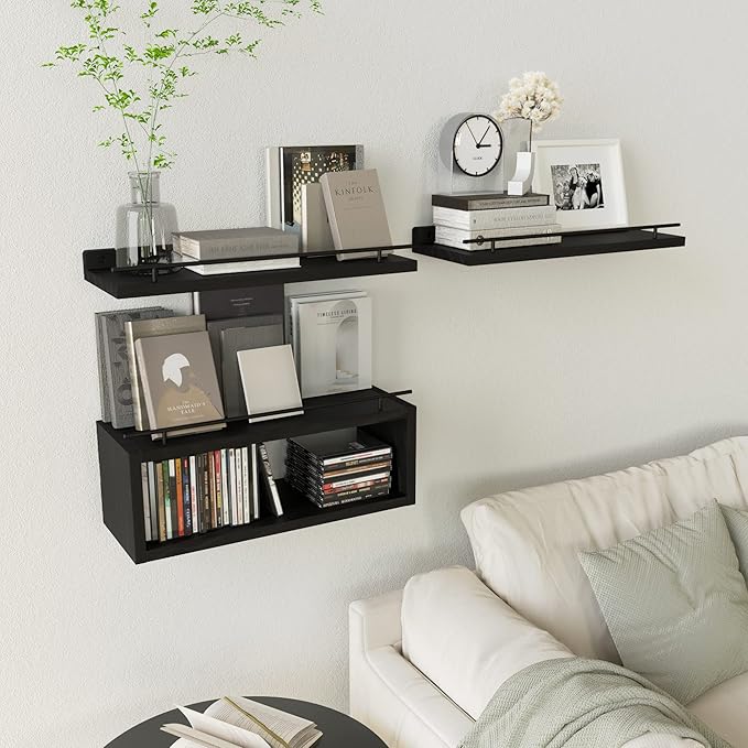 WOPITUES Floating Shelves for Wall with Cube Shelf, Wall Shelves with Metal Rail for Bathroom Decor, Bathroom Organizers and Storage, Over Toilet Shelves for Toilet Paper-Black