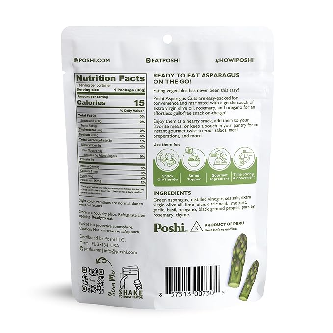 POSHI Marinated Asparagus Cuts Snack Pack | Rosemary + Oregano | Keto, Vegan, Paleo, Non GMO, Low Carb + Calorie, Gluten Free, Fully Cooked Vegetables, Gourmet, Healthy, All Natural (10 Pack, 1.34 oz)