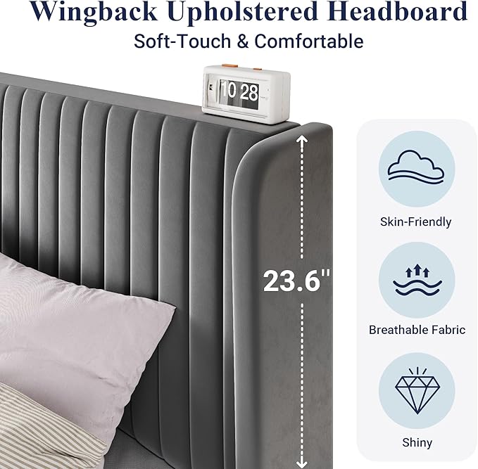 Allewie King Size Velvet Bed Frame/Vertical Channel Tufted Wingback Headboard/Upholstered Platform Bed/No Box Spring Needed/Strong Wooden Slats/Easy Assembly/Grey
