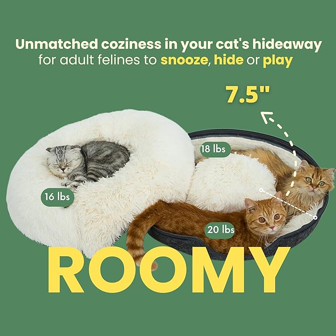CATTASAURUS Peekaboo Cat Cave for Multiple & Large Cats Up to 30-45 Lbs, Fluffy Cat Beds for Indoor Cats, Scratch Detachable & Washable Tunnel Bed, Comfy Donut Cave (Dark Gray, Large (Calming))