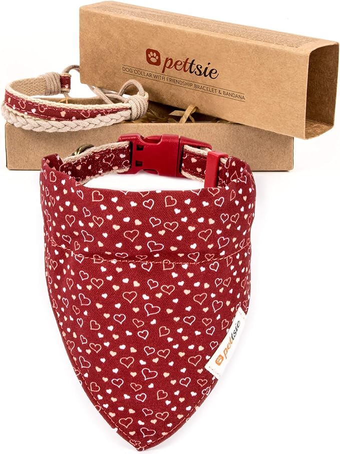 Pettsie Adjustable Dog Bandana Collar with Matching Owner Friendship Bracelet – Soft & Durable Hemp, Stylish Removable Scarf for Dogs, Gift-Ready Set for Pet Lovers, Large, Red