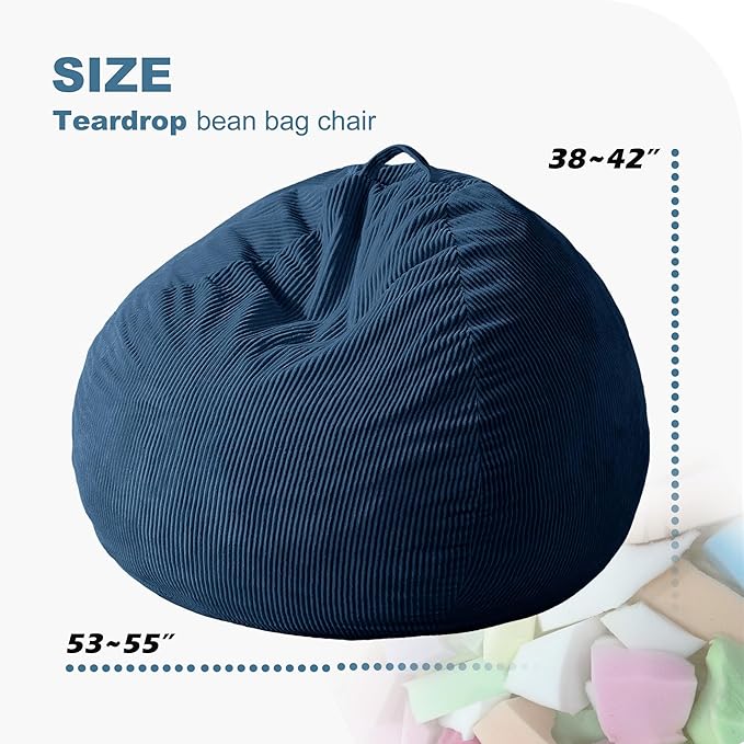 Homguava 5FT Bean Bag Chair for Adults,Teardrop Giant Bean Bags Big Beanbag Chair with Memory Foam Filled and Ultra Soft Removable Corduroy Cover for Living Room, Bedroom(Dark Blue)
