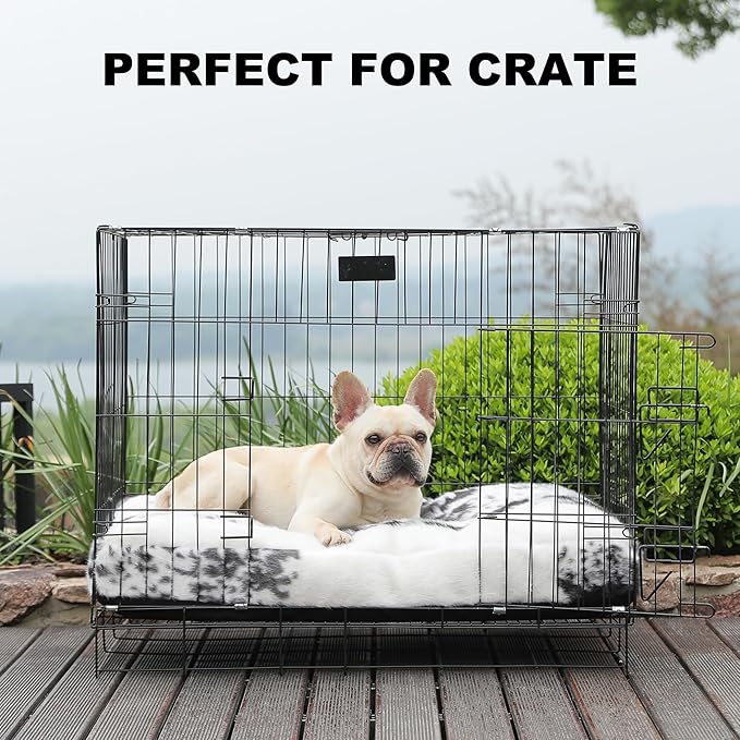 Bedfolks Waterproof Crate Bed, Plush With Removable Washable Cover, Faux Fur Pad for Large Dogs, Fluffy Kennel 35"x23", Black-White Cowhide