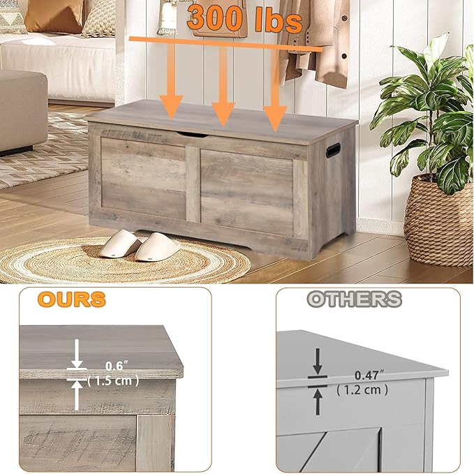 39.4" Storage Chest, Wooden Storage Bench, Lift Top Toy Chest with 2 Safety Hinges, Large Toy Box, Entryway Bench for Living Room, Bedroom, Grey