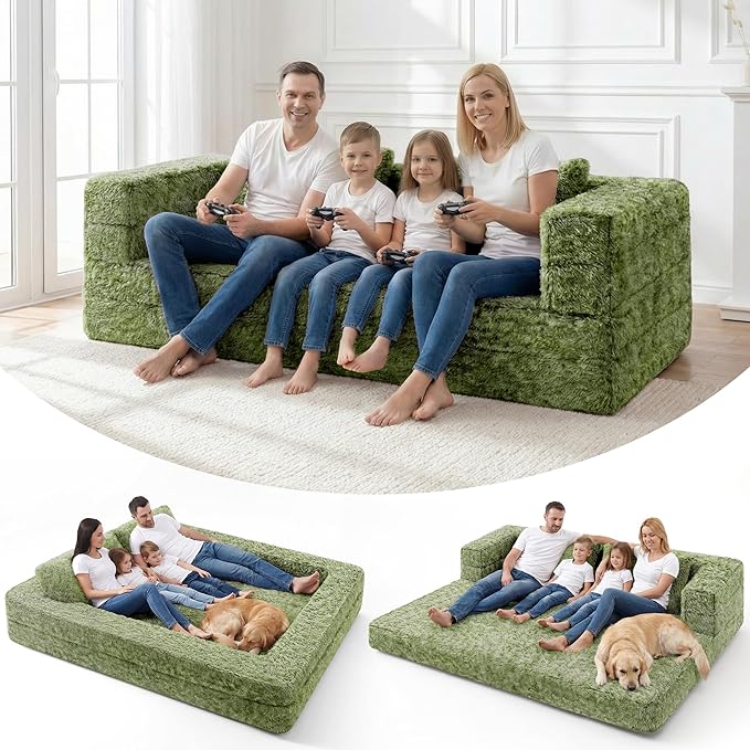 HABUTWAY Convertible Sofa Bed,3-in-1 Folding Futon Sofa Bed with Pillow, Foldable Sleeper Sofa Bed with Removable Cover,Plush Boneless Floor Chair Couch Lounge for Living Room,(Queen,Green)