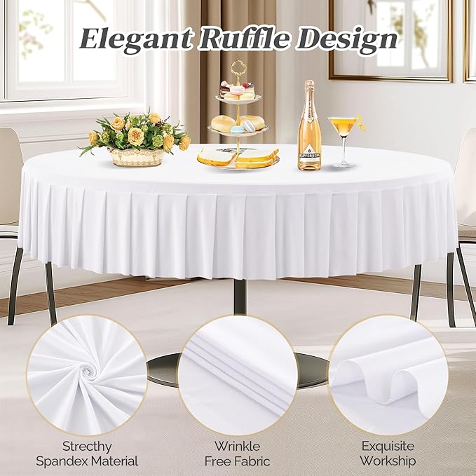 2 Pack White Spandex Round Tablecloths for 72in Tables, Stretchy Fitted 6FT Round Table Cloths, Wrinkle Free Table Cover with Skirt for Wedding Birthday Party Bridal Shower Banquet