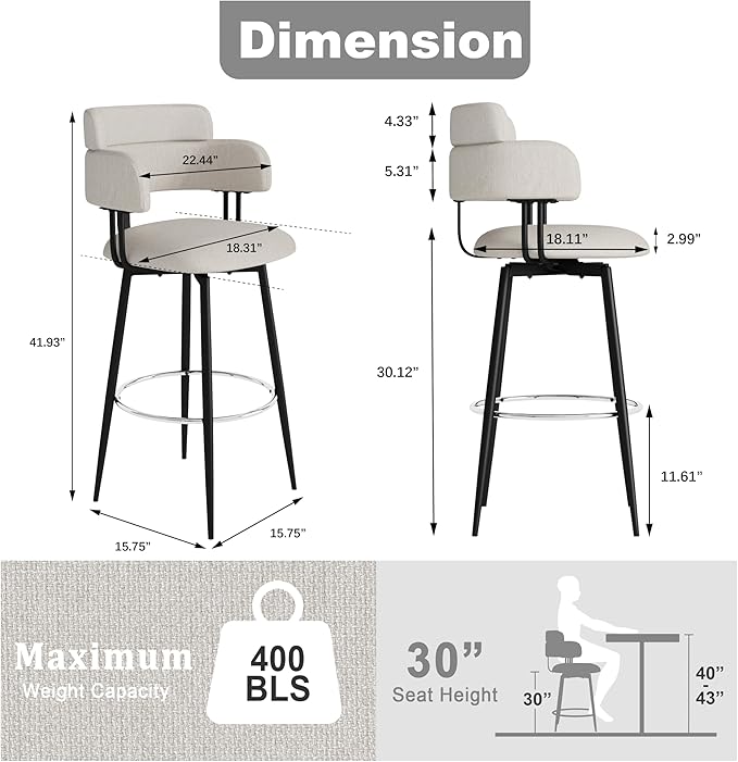 Swivel Bar Stools Set of 2, Counter Height Bar Stools with Ergonomic Full Back, Upholstered Linen Fabric Barstools with Chrome Metal Footrest for Kitchen Island, Dining Room