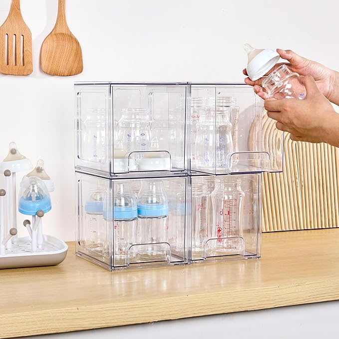 Vtopmart 4 Pack Stackable Storage Drawers, 6.6''Tall Acrylic Bathroom Makeup Organizers,Clear Plastic Drawers For Vanity, Undersink, Kitchen Cabinet,Pantry Organization and Storage