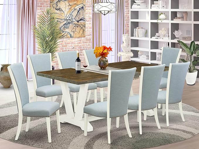 East West Furniture V077VE215-9 9 Piece Dining Room Furniture Set Includes a Rectangle Dining Table with V-Legs and 8 Baby Blue Linen Fabric Upholstered Chairs, 40x72 Inch, Multi-Color