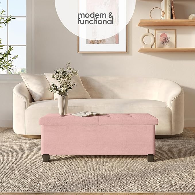 STORAGEBUD Storage Ottoman Bench with Bins, 43-in Storage Bench for Bedroom End of Bed, Folding Foot Rest Ottoman for Living Room Max 660lbs, Fabric Ottomans, Pink