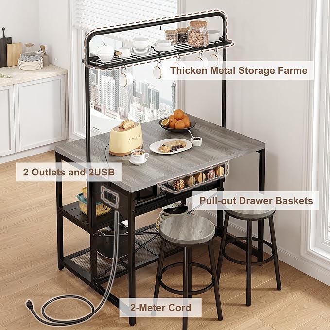 46" Large Kitchen Island Table Baker Rack with Power Outlet and 3-Tier Storage-Microwave Stand Oven Shelf, Metal Coffee Bar Table,Kitchen Storage Shelf for Dining Living Room, 5 Hooks,Grey