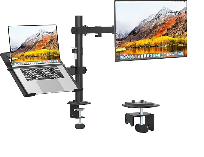 Monitor and Laptop Mount, Monitor Arm with Vented Tray for 13" to 27" LCD Computer Screens and Notebook up to 17 inch, Fully Adjustable Laptop Mount Stand Holds up to 17.6lbs
