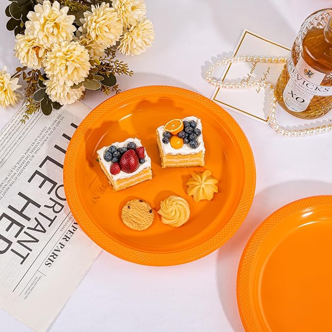 WELLIFE Orange Party Plates 10 Inch -150 Count, Plastic Disposable Dinner Plates for Party Easter Halloween Thanksgiving Picnic BBQ