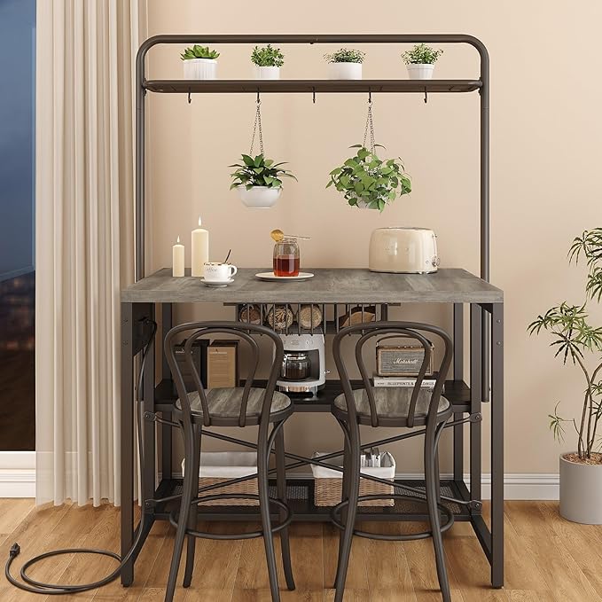 46" Large Kitchen Island Table Baker Rack with Power Outlet and 3-Tier Storage-Microwave Stand Oven Shelf, Metal Coffee Bar Table,Kitchen Storage Shelf for Dining Living Room, 5 Hooks,Grey