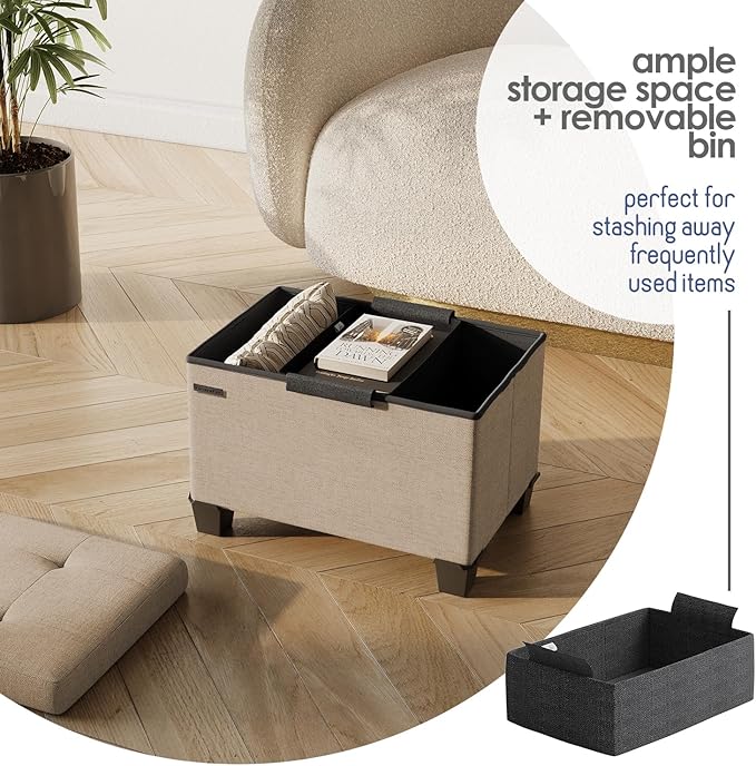 STORAGEBUD Storage Ottoman Cube with Small Bin, 16-in Square Ottoman with Storage for Living Room and Bedroom, Small Ottomans Foot Rest, Fabric Foot Stools Ottomans Max 330lbs, Taupe