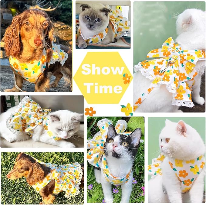 Dog Harness Dress Leash Set for Small Dog Summer Clothes Girl Female Puppy Cats Outfits Cute Floral Bowknot Princess Birthday Dress for Extra Small Pet Doggie Kitten Outfits Apparel(Yellow,S)