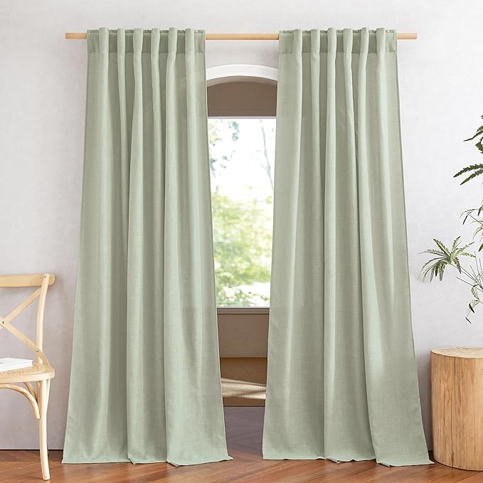 NICETOWN Sage Green Curtains for Living Room, Rod Pocket & Back Tab Natural Linen Blend Semi Sheer Window Treatments Privacy with Light Filtering for Bedroom/Nursery, W52 x L84, 2 Panels