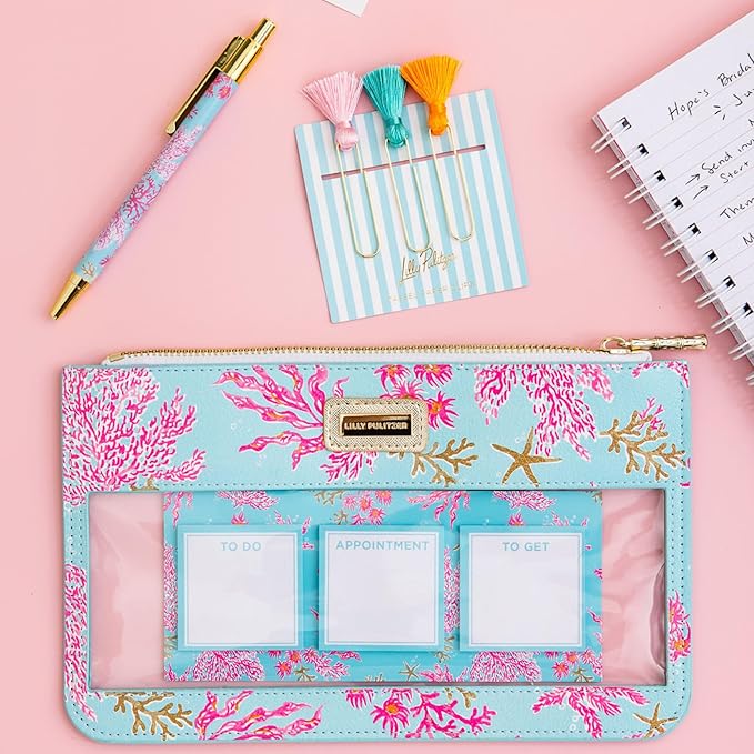 Lilly Pulitzer Pencil Case with Planner Accessories for Adults, Agenda Bonus Pack Includes Stickers, Click Pen, Mini Notepads, Bookmarks, and Zipper Pouch (Royal Coral)