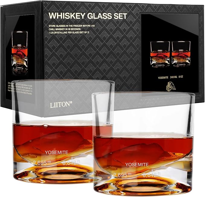 LIITON Yosemite Heavy Crystal Whiskey Glasses Gift Set of 2, Thick Freezable Bourbon Glass 1lb Each, Premium Whiskey Gifts for Men, Frozen Crystal Chills Cocktails, 10 oz