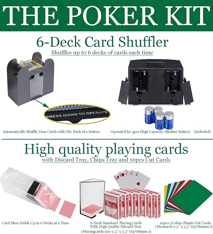 Super Casino Game Set: 6 Deck Shuffler+360pcs Chips+8 Poker Cards+Card Shoe+Chip Rake+Felt+Accessories, Blackjack Set & Texas Holdem Complete Kit, Poker Night Kit for Casino Party Gift