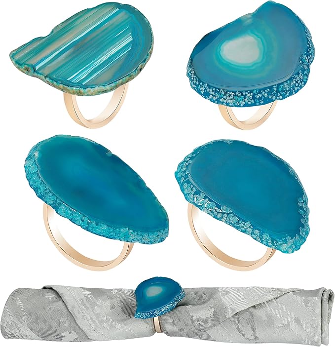 CozyTower Agate Napkin Rings Set of 4, Gold Napkin Holders for Cloth Napkins, Unique Wedding Decorations Napkin Ring Kitchen Accessories for Dinner Party (Blue Agate)