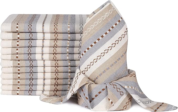 Multi Color Stripes Cotton Hemstich Napkin, Decorative Wedding Cocktail Mashine Washable Dinner Napkins with Mitered Corners - Pack of 12-18x18 Inch - Ivory Multi