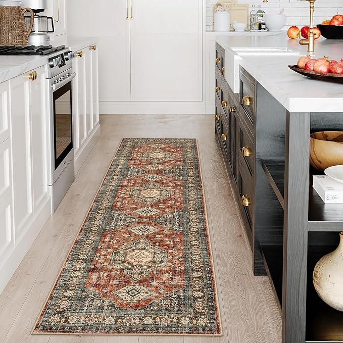 Lahome Oriental Washable Runner Rug Non Slip, 2x7 Rug Runners for Hallways Kitchen, Ultra-Thin Hallway Rugs for Laundry Room Bathroom Bedroom, Brick Red