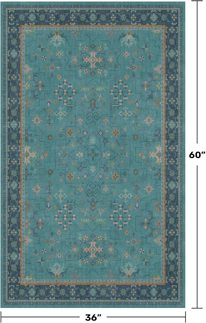 Washable Teal Rugs for Entryway Indoor - 3x5 Throw Rug for Large Kitchen, Bedroom Bedside, Bathroom, Mudroom, Boho Turquoise Modern Décor, Non Slip Low Pile Fade Resistant