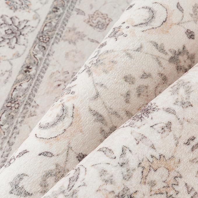 6x9 Area Rug Beige Washable Vintage Carpet Living Room Bedroom Large Non Slip Stain Soft Resistant Low Pile Thin Boho Accent Indoor Throw Rug for Dining Room Office