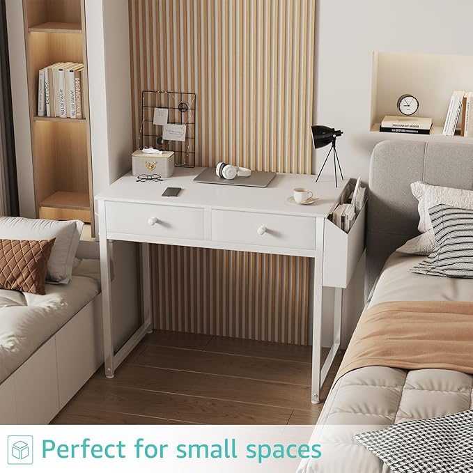 Lufeiya Small White Desk with Drawers - for Bedroom, 32 Inch Home Office Computer Desk with Fabric Storage Drawer and Bag, Study Writing Table for Small Spaces, White