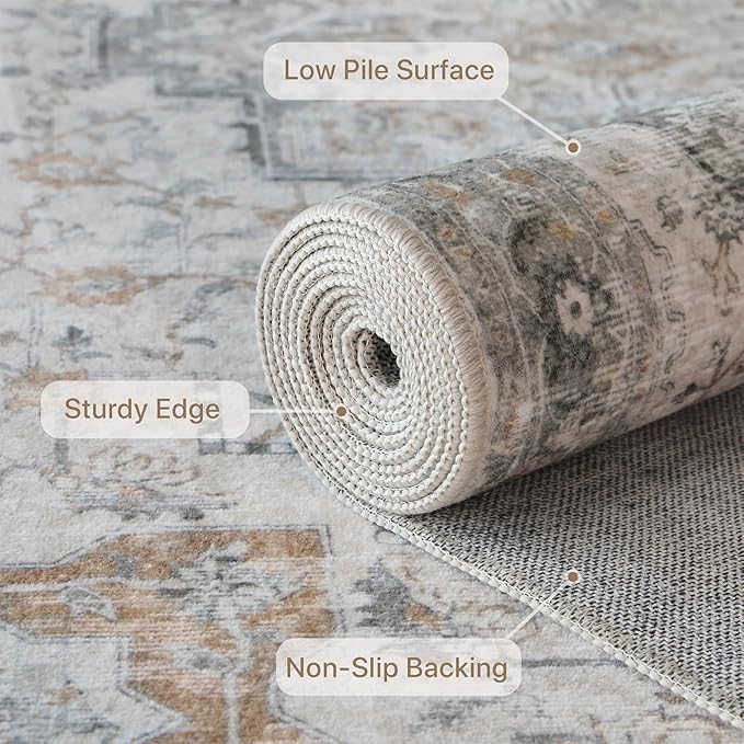 GENIMO Runner Rug 2'6''x12, Non Slip Vintage Hallway Runner Rugs, Low Pile Lightweight Machine Washable Mat for Hallway, Entryway, Bedroom, Kitchen and Corridor, Light Taupe Brown