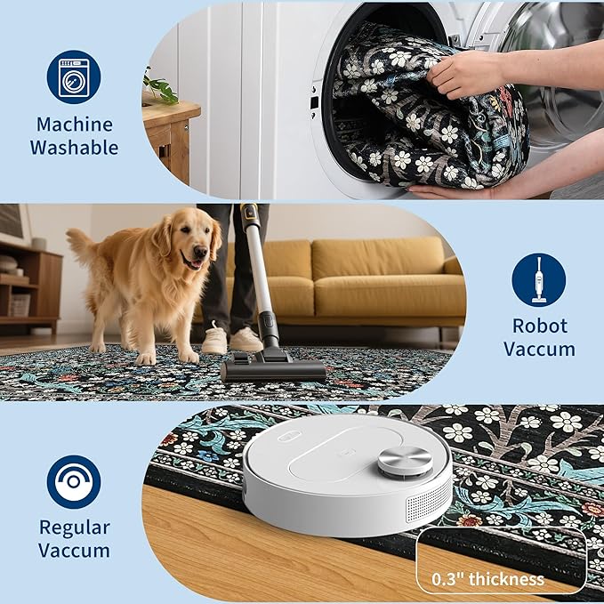 GarveeHome Floral 3x5 Area Rugs for Entryway, Washable Kitchen Rug Non Slip, Low Pile Bedroom Rug, Ultra Soft Stain Resistant Small Carpet for Laundry Room, Black
