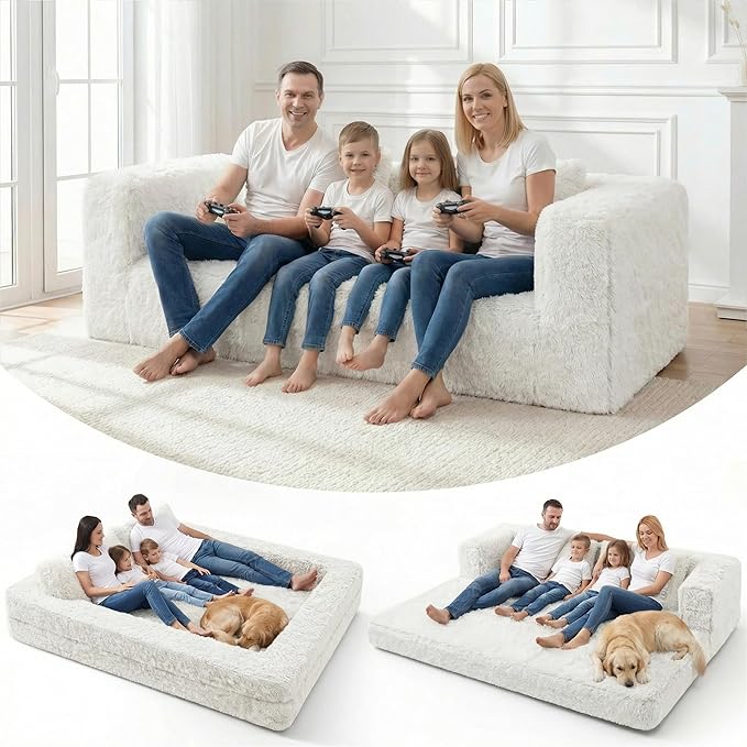 HABUTWAY Convertible Sofa Bed,3-in-1 Folding Futon Sofa Bed with Pillow, Foldable Sleeper Sofa Bed with Removable Cover,Plush Boneless Floor Chair Couch Lounge for Living Room,(Queen,White)