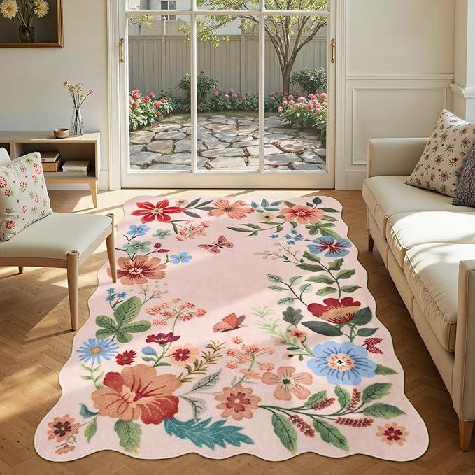 Lahome Floral Washable Rugs, 4X6 Pink Rugs for Bedroom Girls Ultra-Thin Soft Living Room Rug, Non-Slip Stain Resistant Boho Throw Carpet for ‎Nursery Office, Light Pink